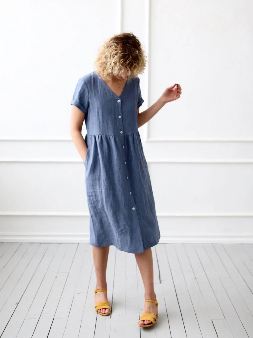 Blue Button-Front V-Neck Midi Dress - Picture 1 of 13